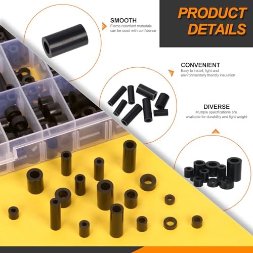270Pcs 18 Sizes M3 M4 M5 M6 Nylon Round Spacer Standoff Assortment Kit Black