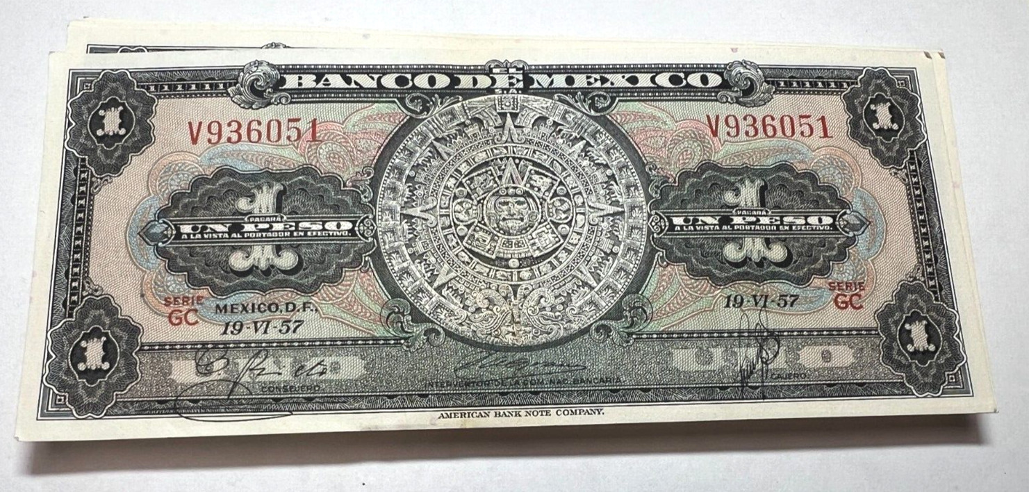 1957 Mexico Un One Peso AZTEC CALENDAR Mexican Currency Paper Money Billetes
