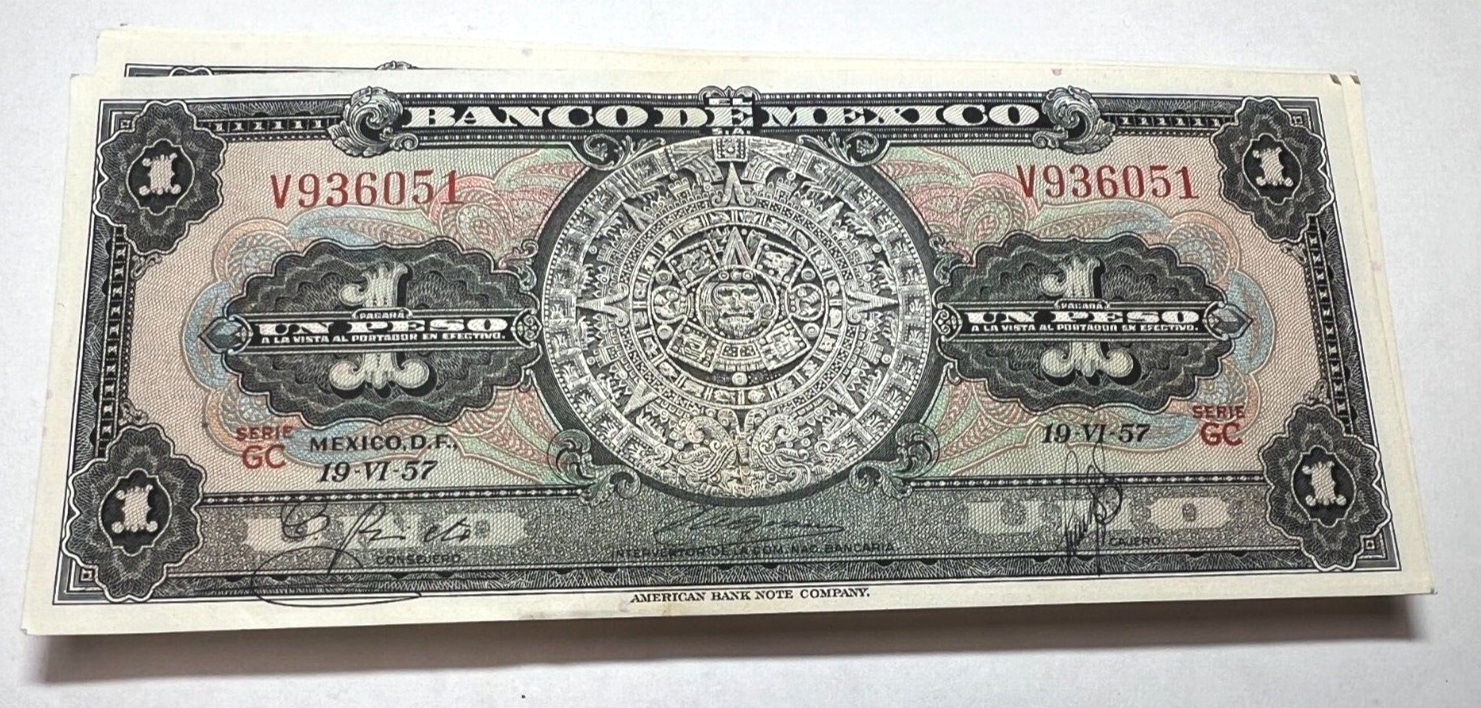 1957 Mexico Un One Peso AZTEC CALENDAR Mexican Currency Paper Money Billetes