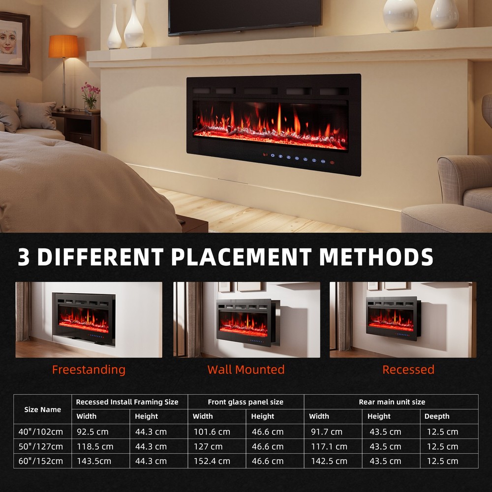 40"Electric Fireplace Wall Mounted Adjustable Heat Remote Backlight Colors Timer