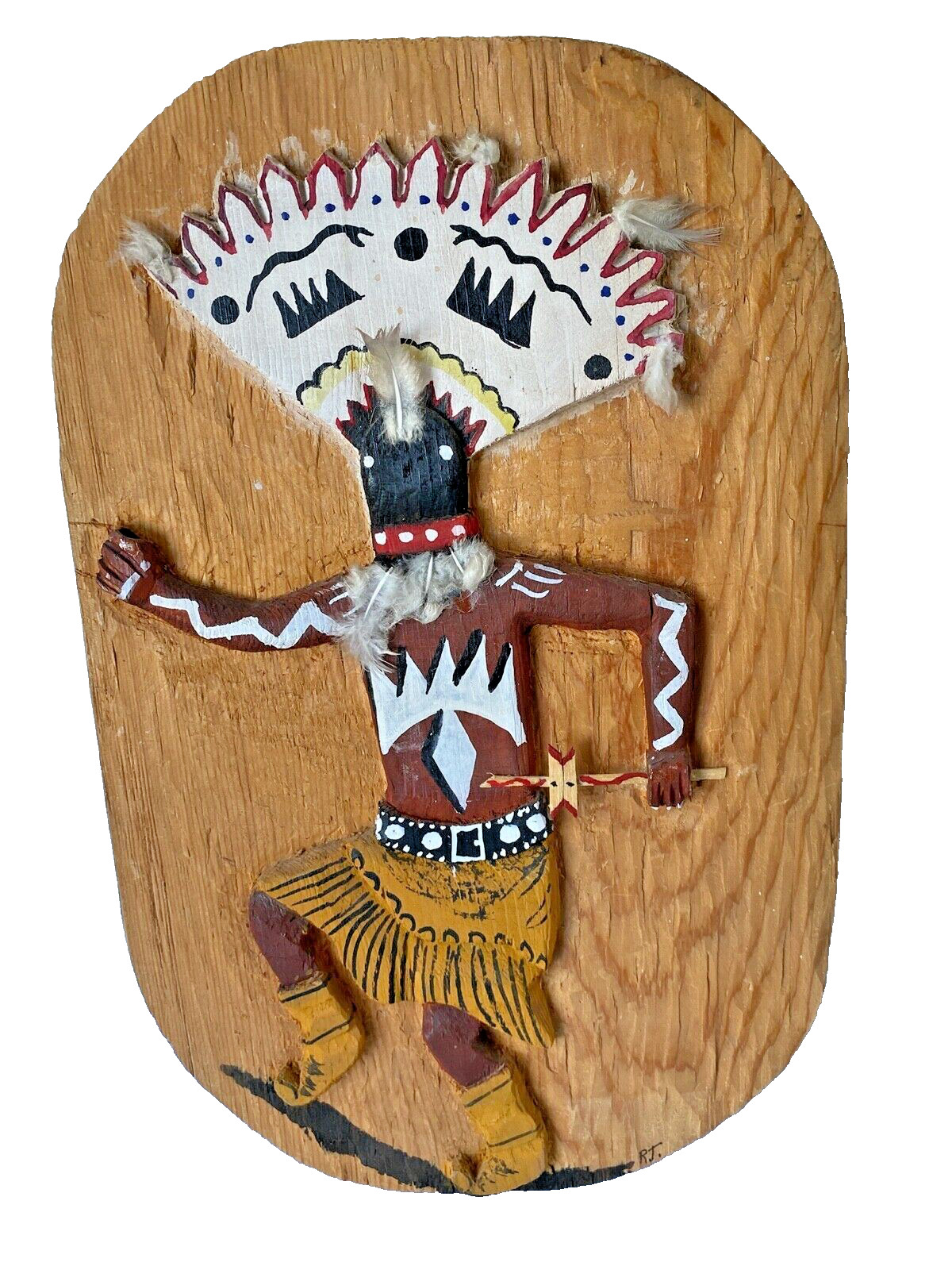 Apache Crown Dancer Art Carved Relief Wood Native American Plaque Signed