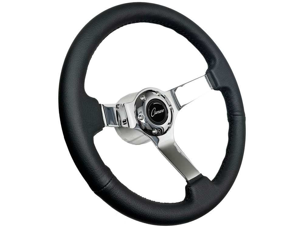 1967-68 Chevrolet Camaro 6-Bolt Black Leather Solid Chrome Steering Wheel Kit