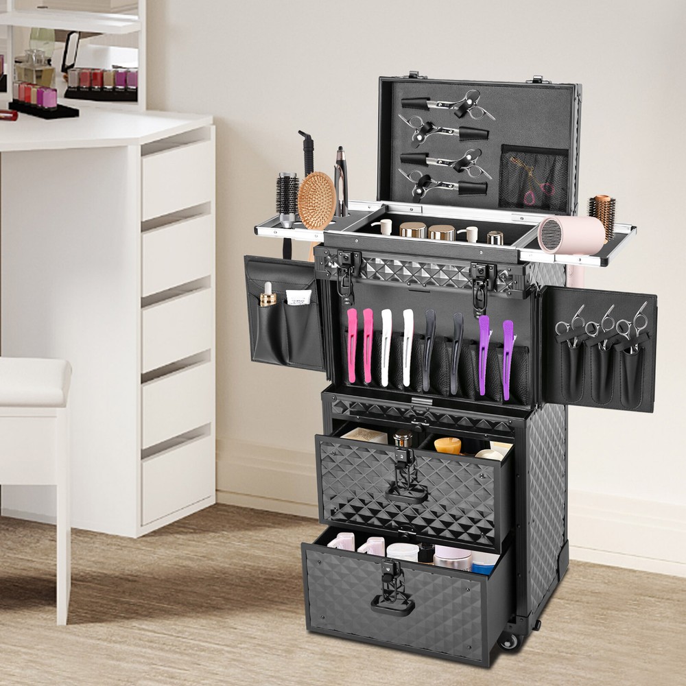 Rolling Hairdressing Case Rolling Cosmetic Case Makeup Train Case w/ 4 Layers