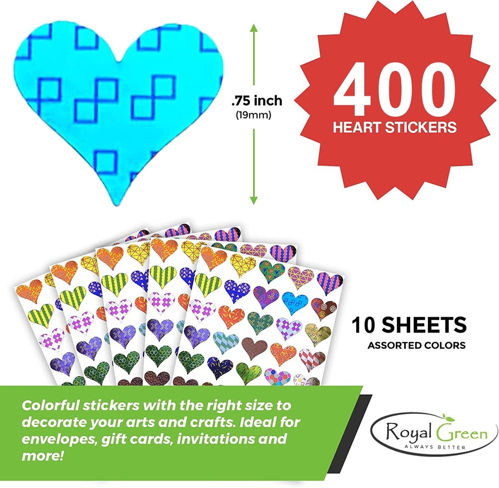 Colorful Heart Sticker Sheets in Assorted Colorful Metallic Patterns 400 Pack
