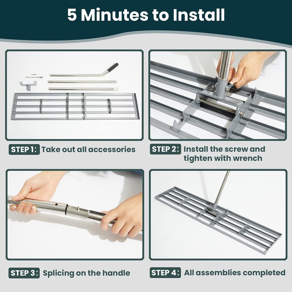 Lawn Leveling Rake 30x10 inch, (Professional-Grade) Leveler Tool Silver