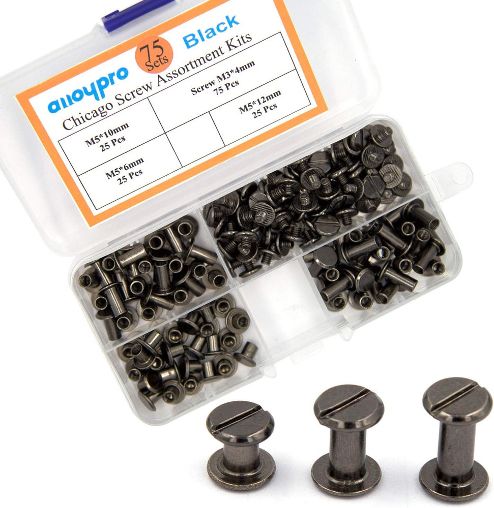 Alloypro 75 Sets Chicago Screws Assorted Kit 3 Sizes Gun Meta Leather Rivets