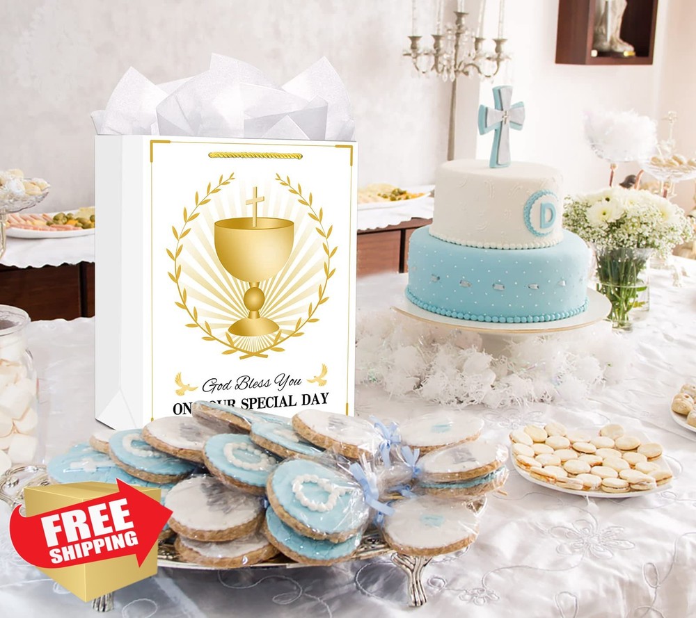 FaCraft First Communion Gift Bags Gold Cross Baptism Handle