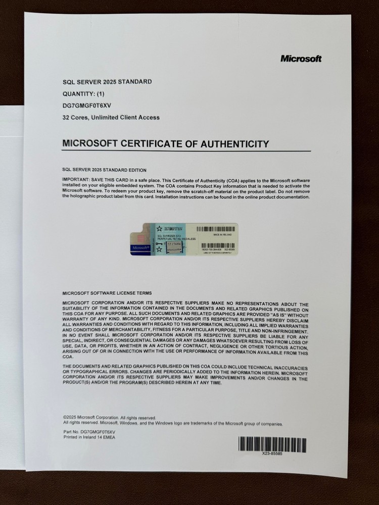 Microsoft SQL Server 2025 Standard 32 Core Unlimited User CALs CoA Authentic