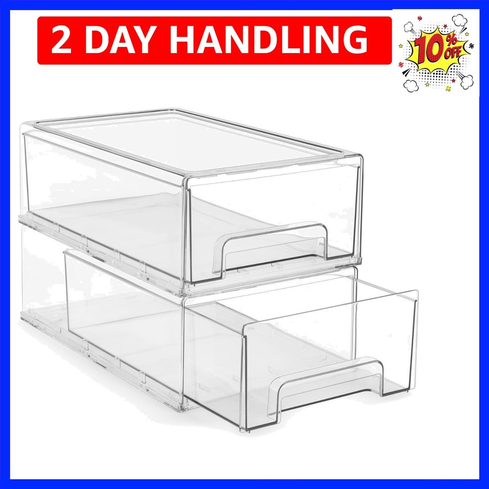 Medium Clear – 2-Pack Plastic Organizer Bins with Handles – Stackable Pull-Ou...