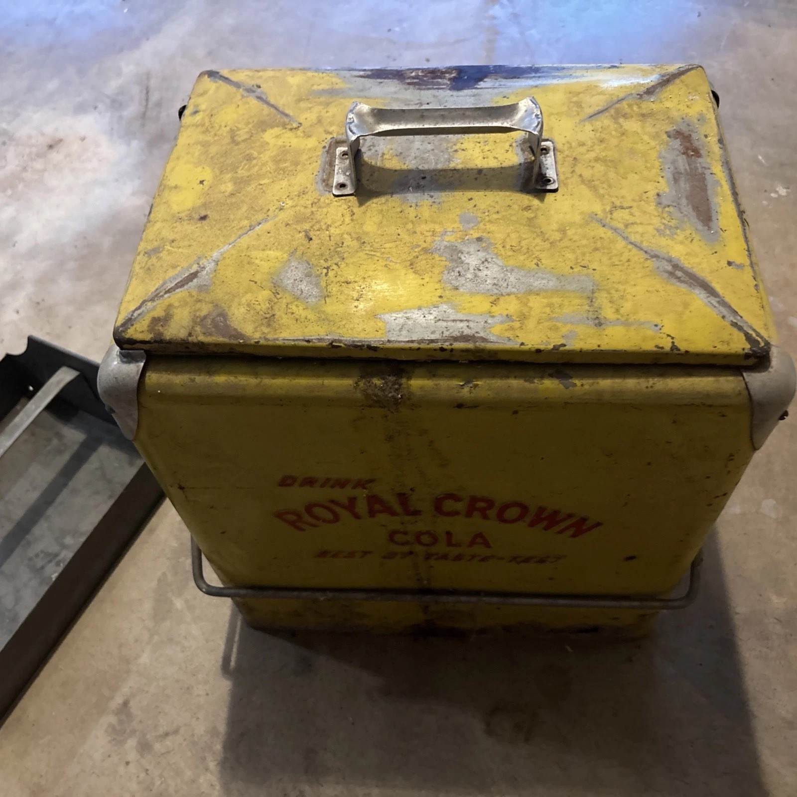 Vintage Royal Crown RC Cola Soda Metal Cooler. Yellow w/red Lettering.