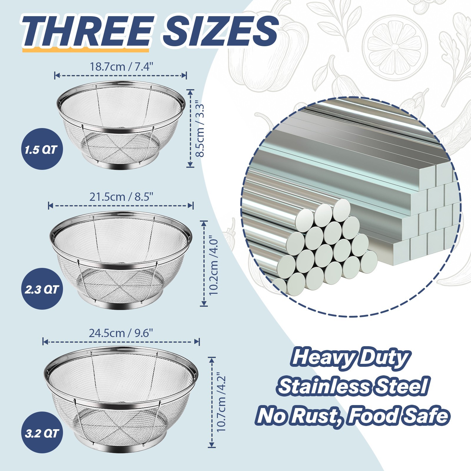 tastyWay 3Pcs Colander Baskets Stainless Steel Fine Mesh Strainer for Kitchen