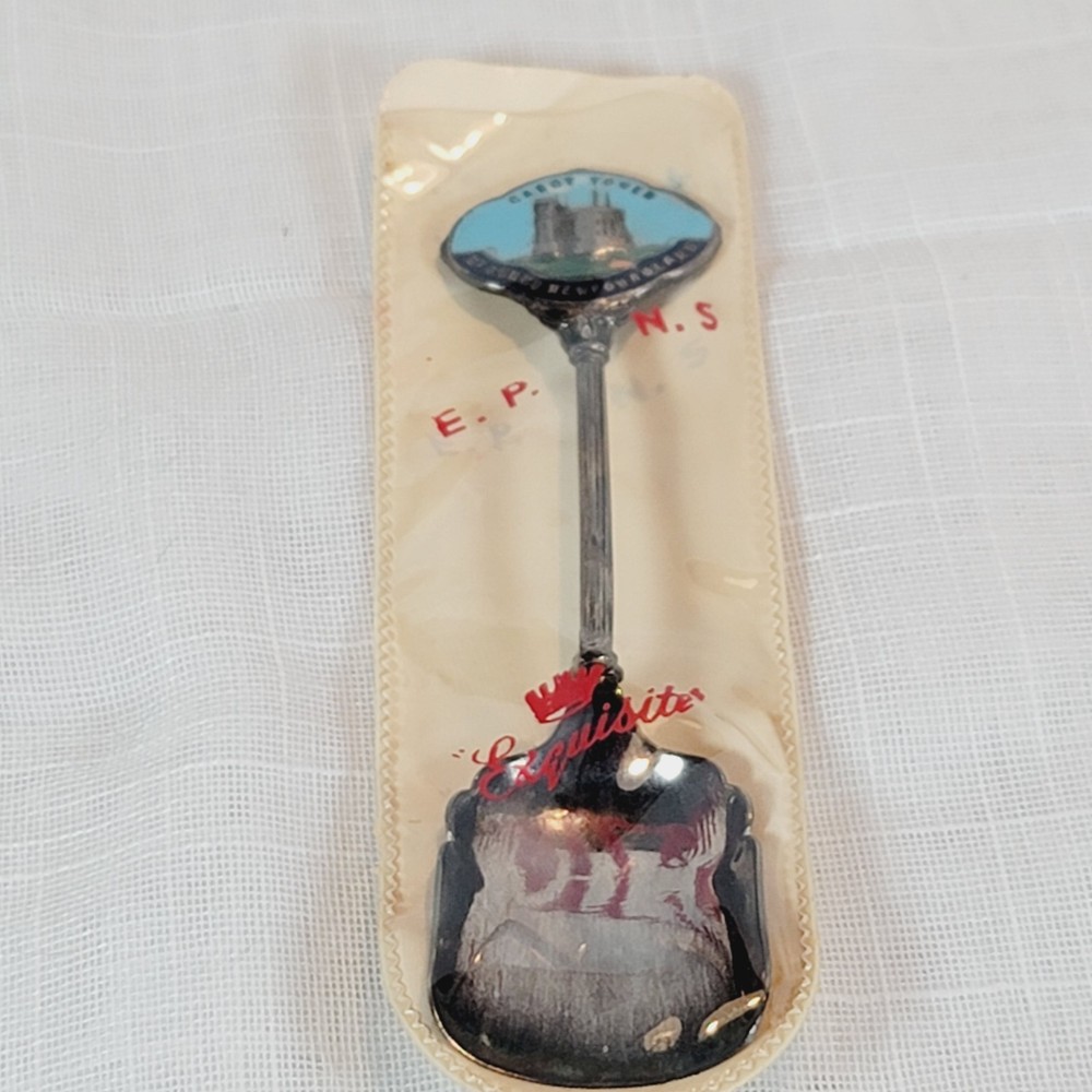 Exquisite EPNS Silverplated Enamel Spoon Cabot Tower St Johns Newfoundland Vtg