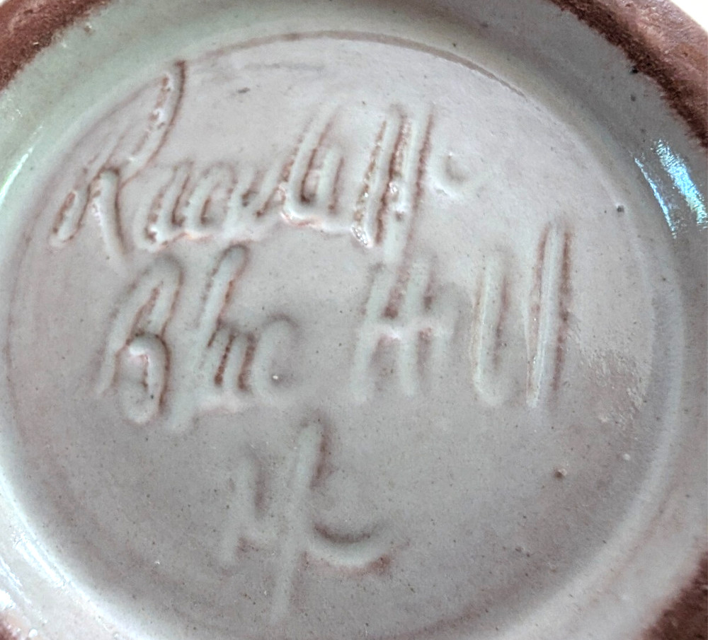 Pottery Covered Container about 3" tall, signed on the bottom