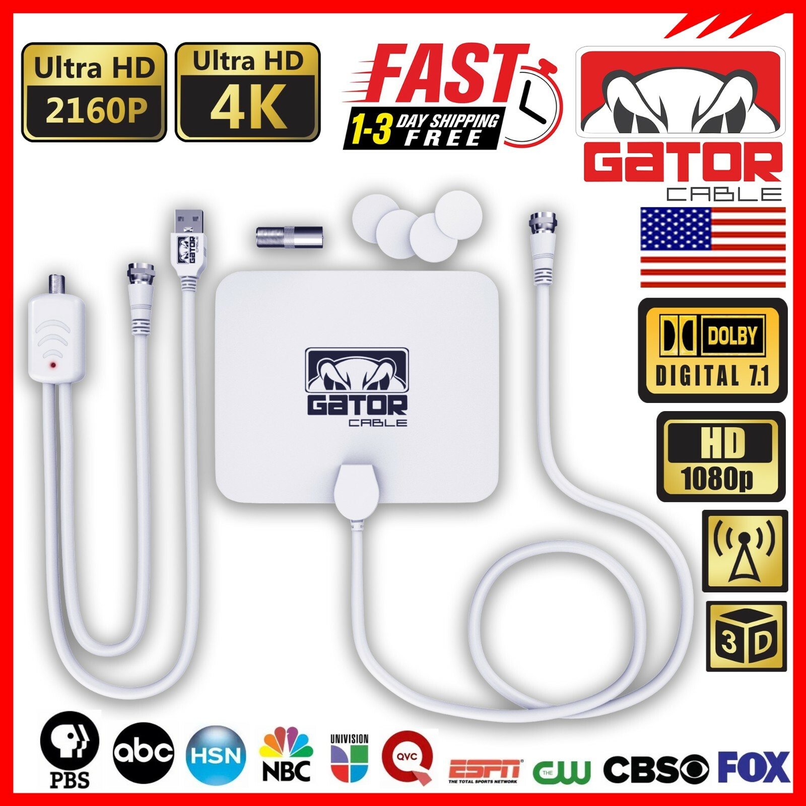 Digital TV Antenna HDTV 4K 1080p Indoor Amplifier 3600 Miles Long Signal Range