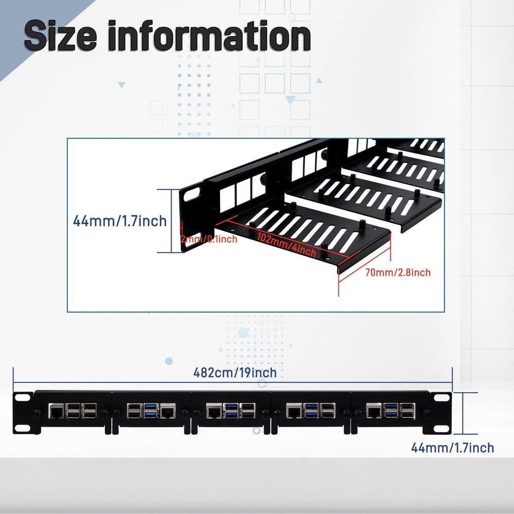 19 inch 1U Rack Mount for Raspberry Pi 5/4B/3B+/3B, with Removable Front Brac...