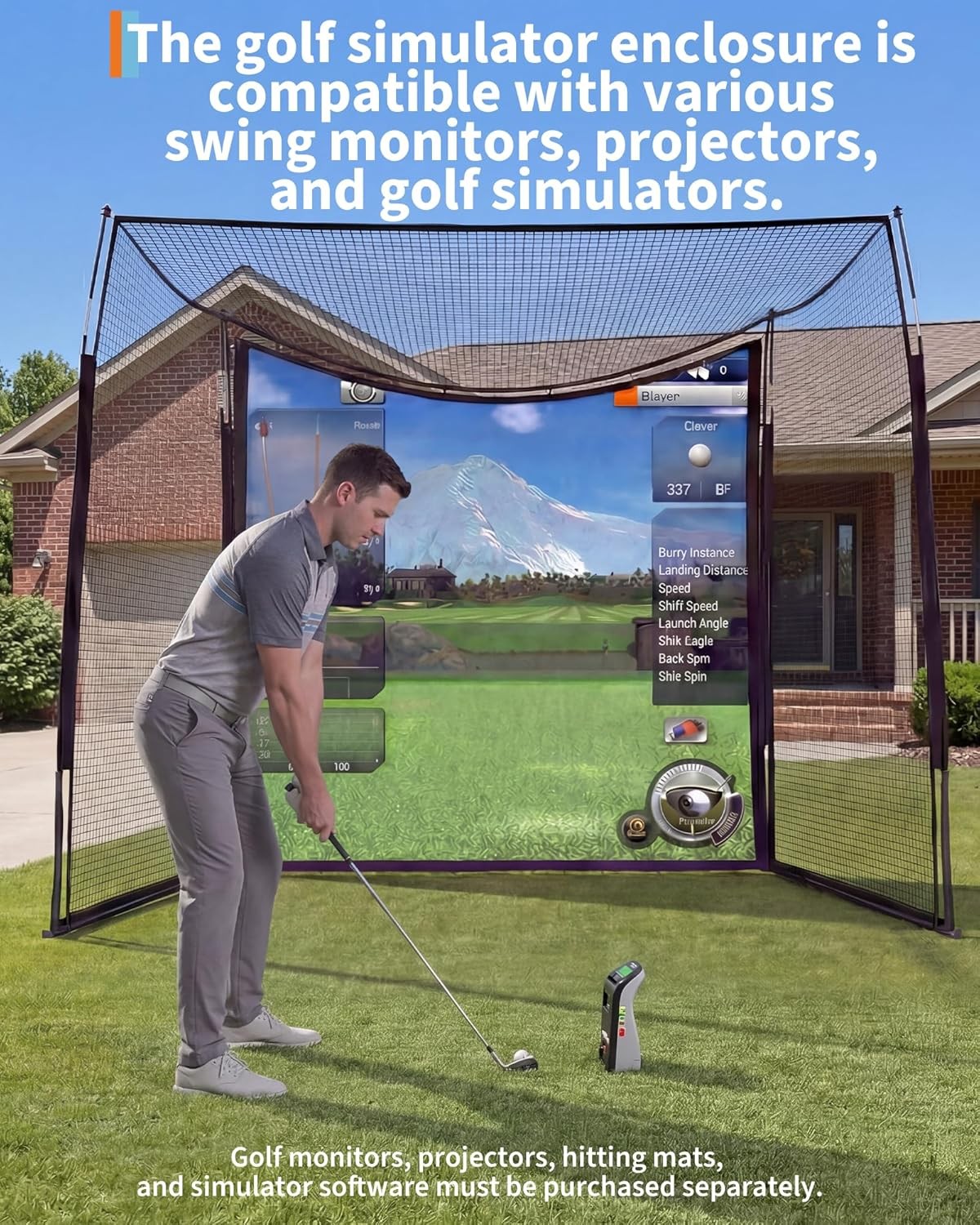 Enclosed Golf Cage Net 10x8x5.7ft with Blank Impact Screen, Indoor Simulator Set