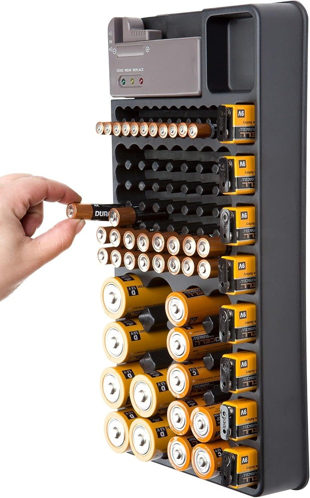 GForce Battery Organizer Storage Case with Built-In Tester Wall Mountable