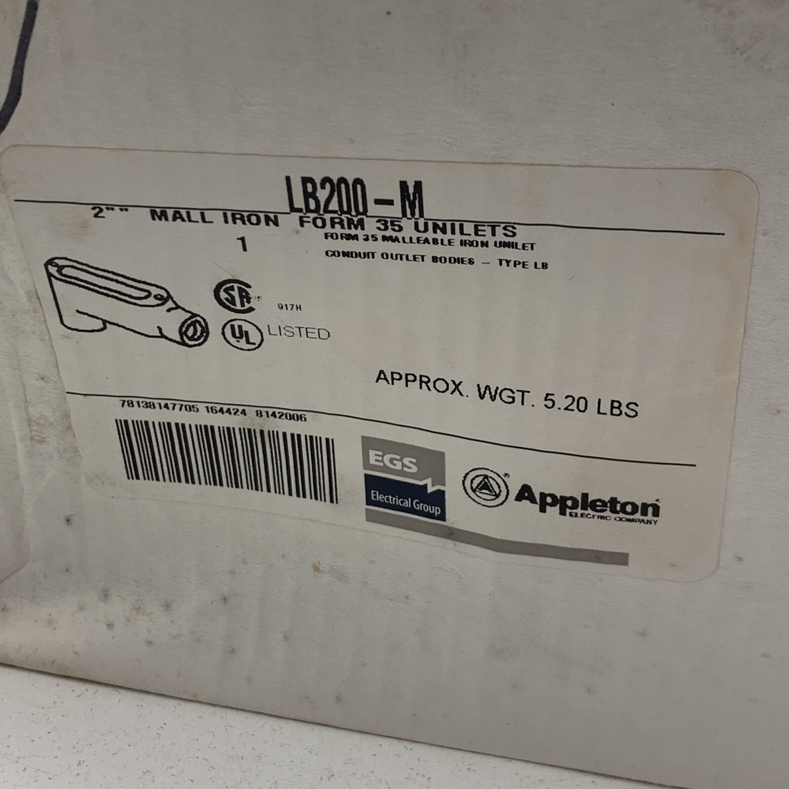 Appleton LB200-M Malleable Iron LB Conduit Outlet Body 2" (No cover or gasket)