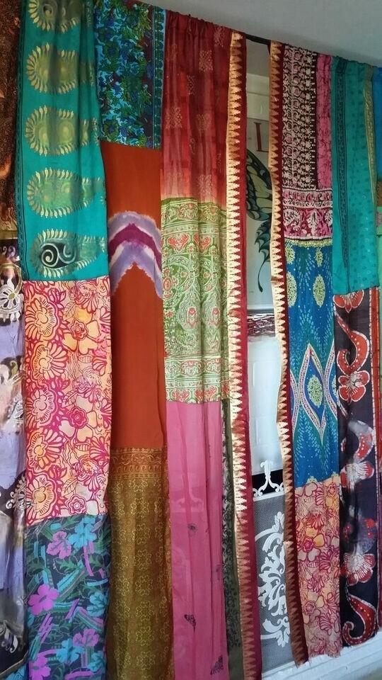 2 Pcs Indian Sari Patchwork Curtain Drape Window Decor Multi Silk Sari Curtain