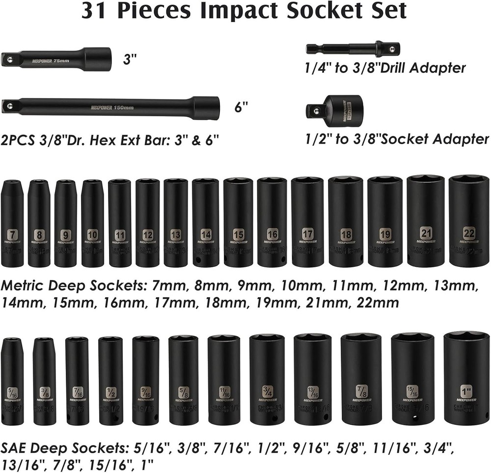 3/8" Drive Deep Impact Socket Set, 6 Point, 31 Piece SAE and Metric Socket Se...