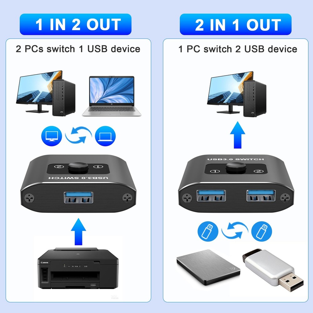 BiDirectional USB 3.0 Switch 1 In 2 Out / 2 In 1 Out Switcher 2 Computers PC