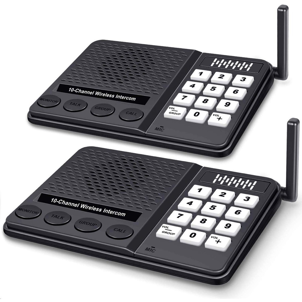 Intercoms Wireless for Home - 10 Channel 3 Privacy Code 2 Pack, Black White