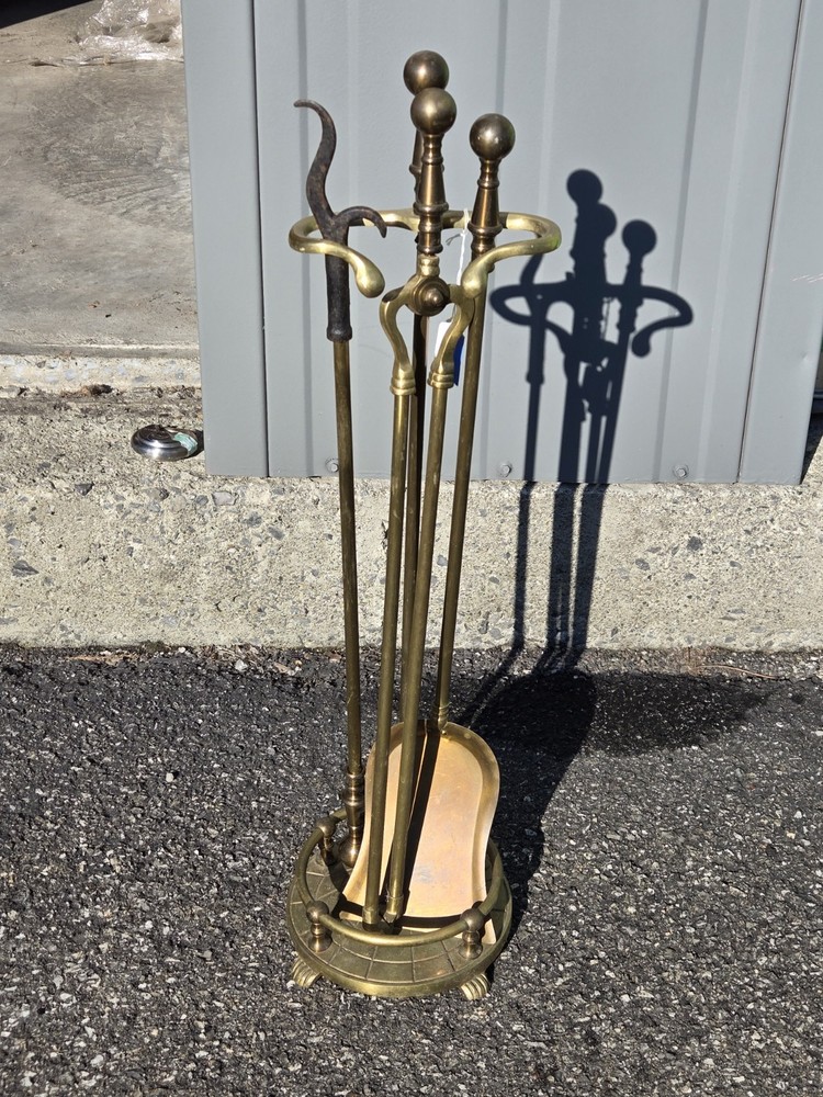 Vintage Solid Brass Fireplace 3 Tools with Stand Set 4x PIECE Round Claw Footed