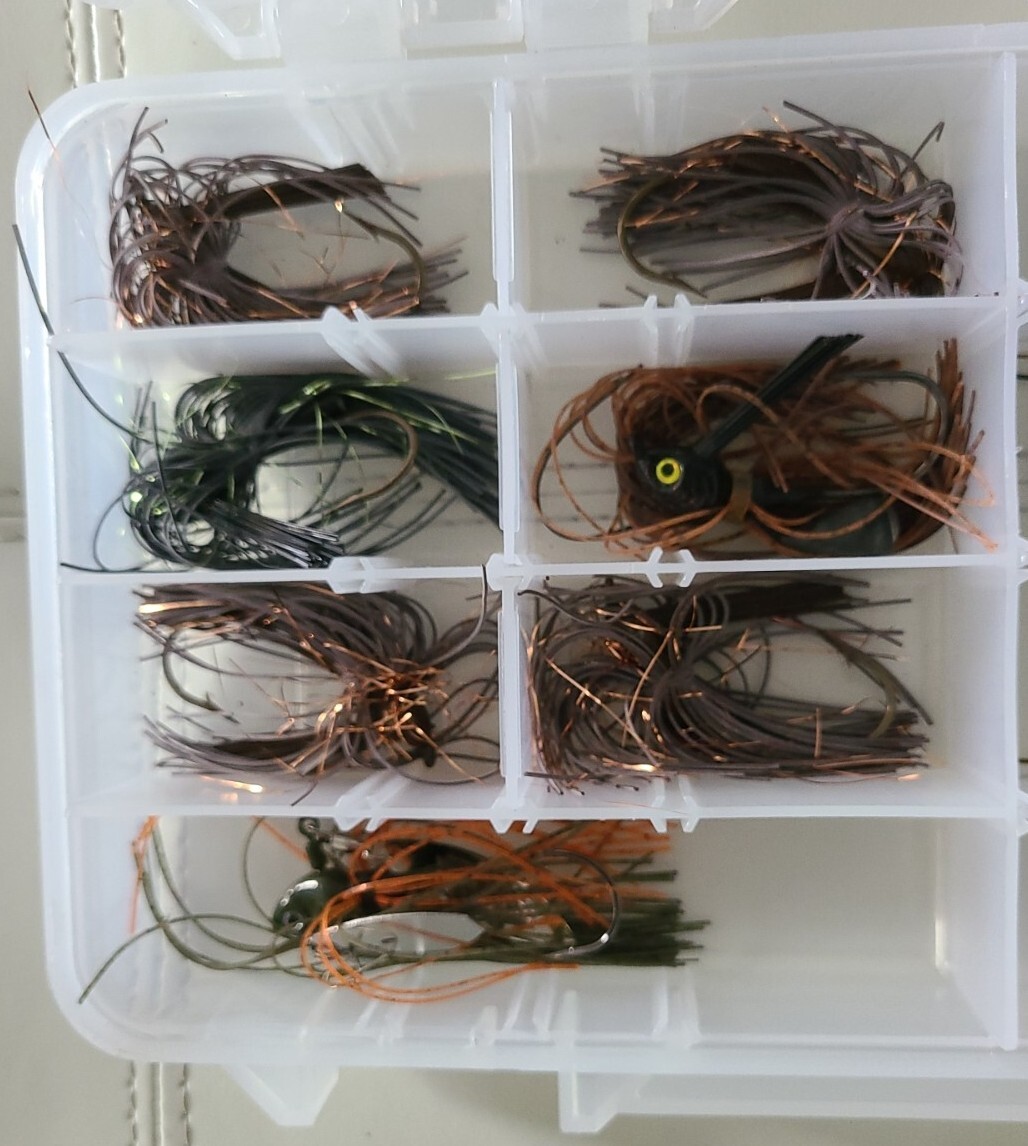 Lot of 11 Spinner and 'Riot" baits with clear Plano Fishing Tackle Box 11”x7”