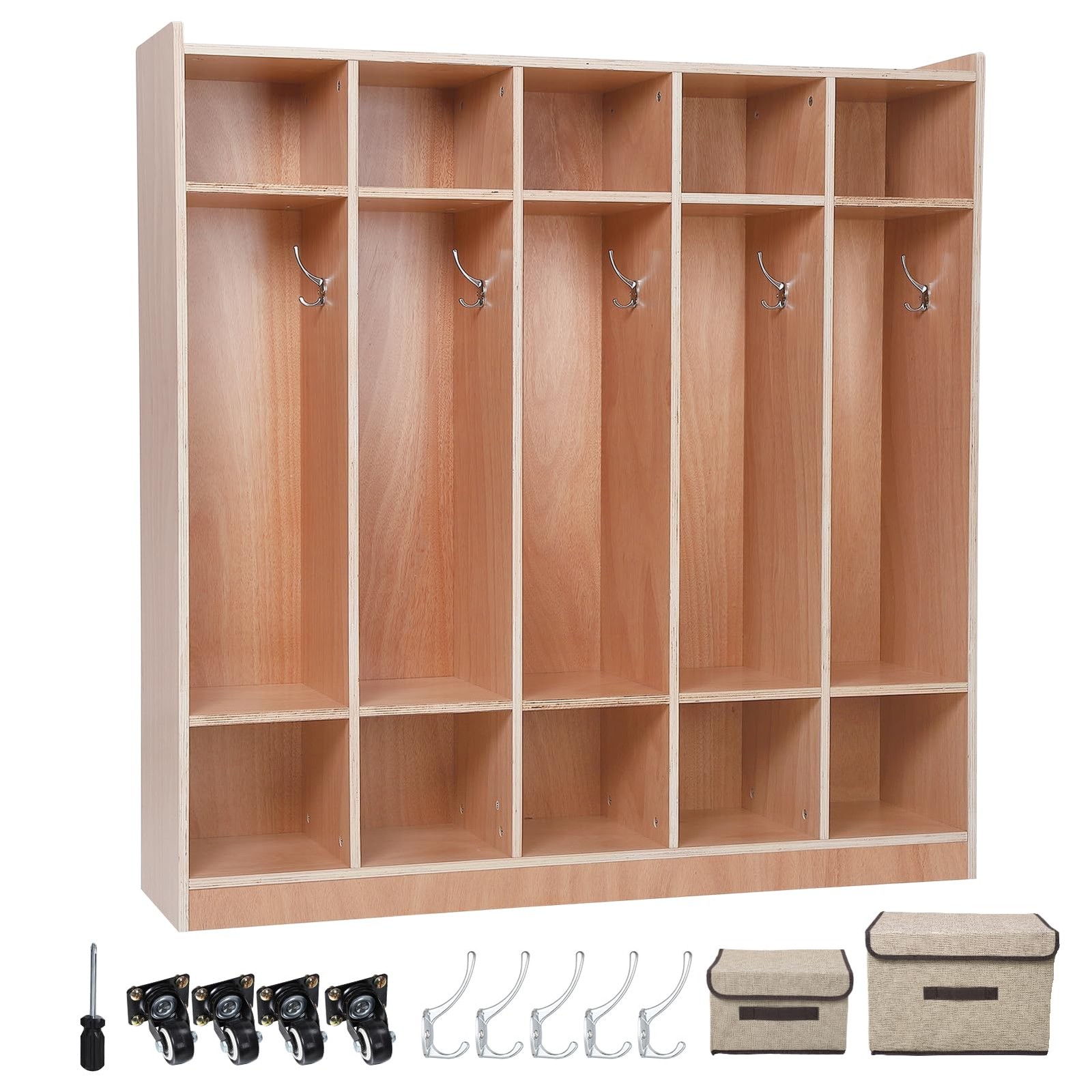 Daycare Cubby 5-Section 10 Cubbies with 4 Hidden Wheels 5 Hooks 2 Storage Boxes