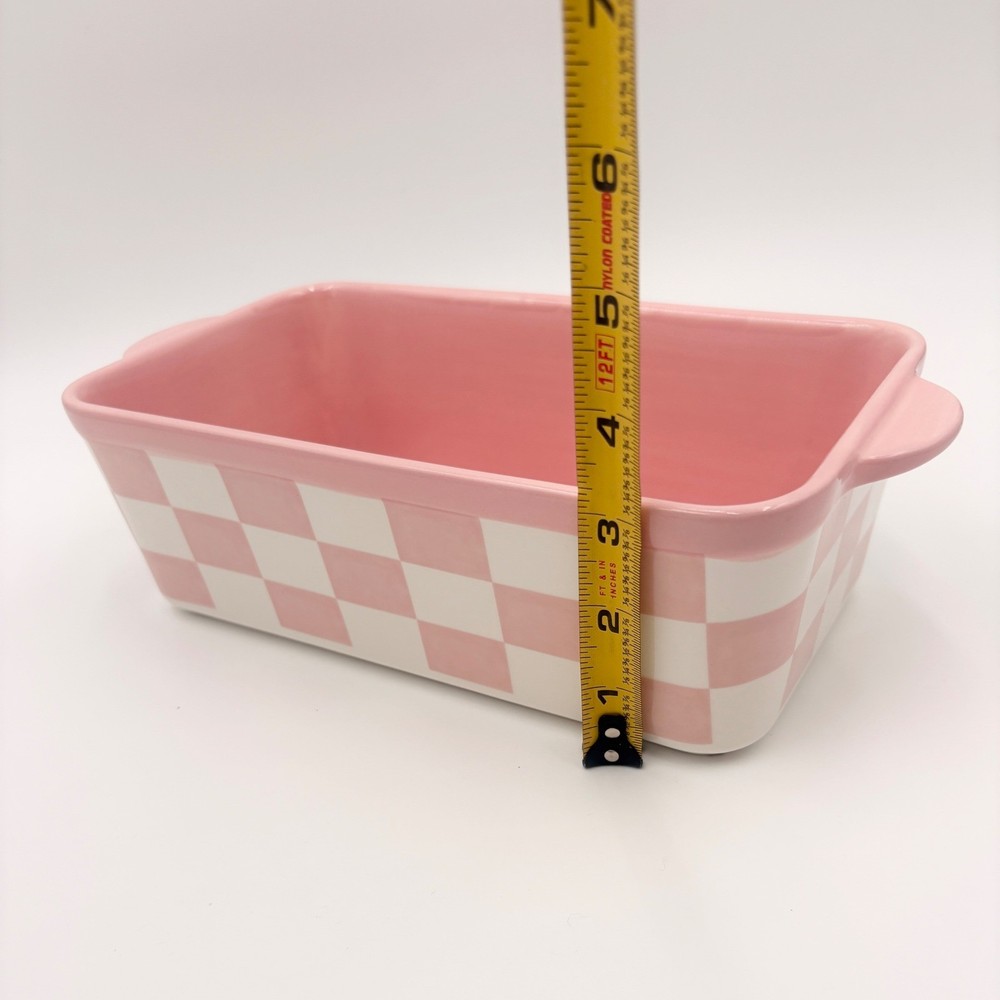 Pink and White Checkered Ceramic Loaf Pan Rectangular Baking Dish with Handles