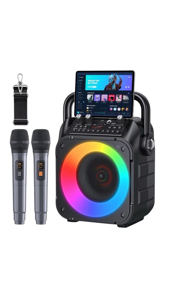 Karaoke Machine, Portable Bluetooth Speaker with 2 Wireless Microphones Black