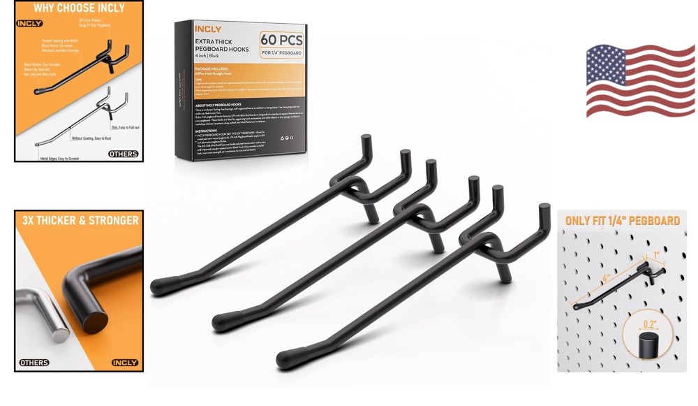 4-Inch Black Pegboard Hooks - 60 Pack for Maximum Storage Efficiency