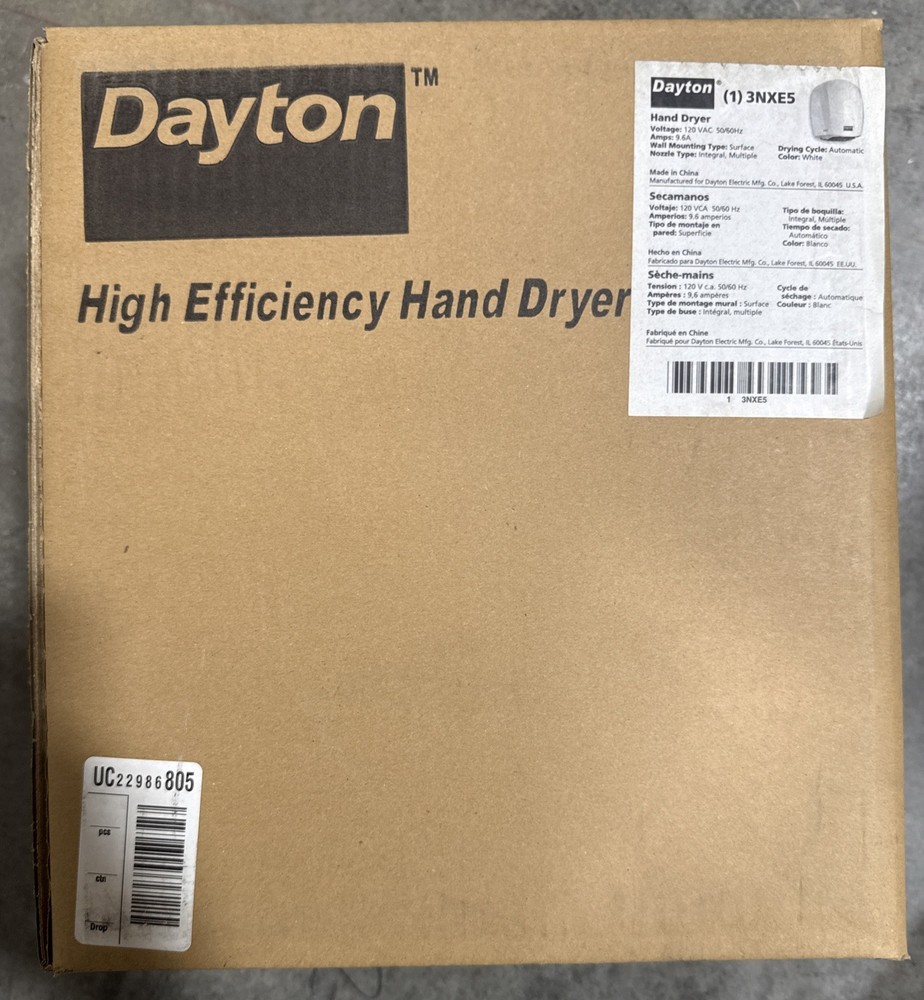 Dayton 3NXE5 High Efficiency Hand Dryer, 12 Second Dry Time, 120VAC, Automatic