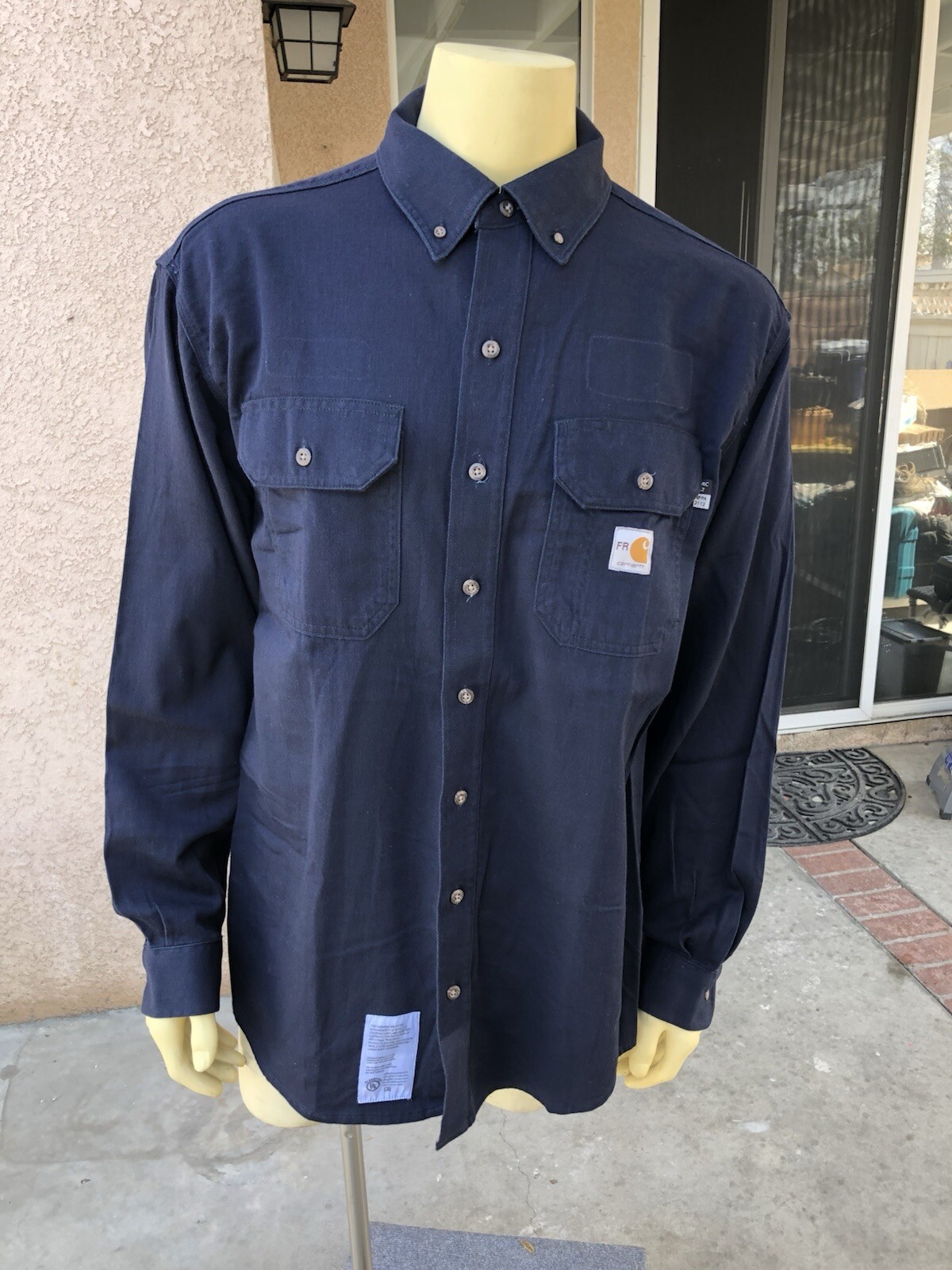 2 Carhartt FR Button Down Cotton Work Shirts Large RG Navy