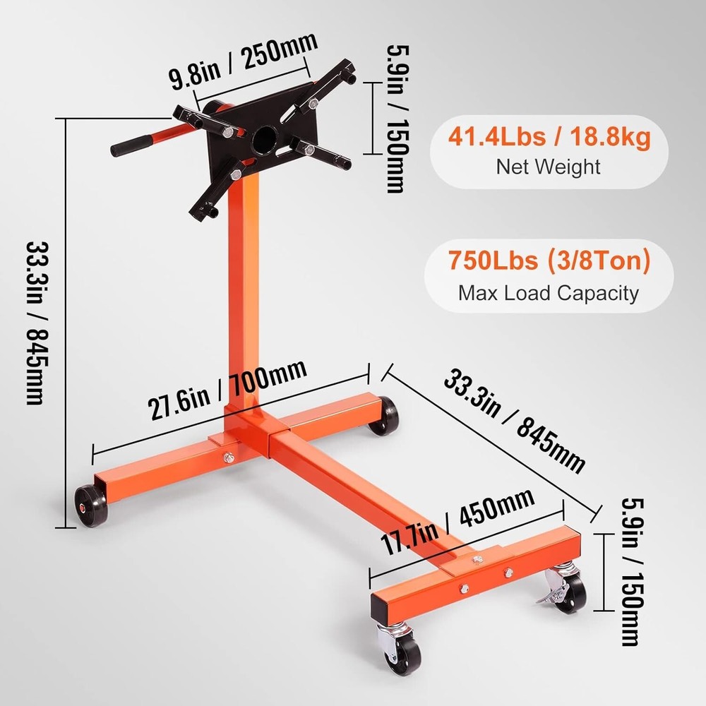 Movable Engine Stand with Lockable Casters - 4 Adjustable Arms & 750 lb Capacity