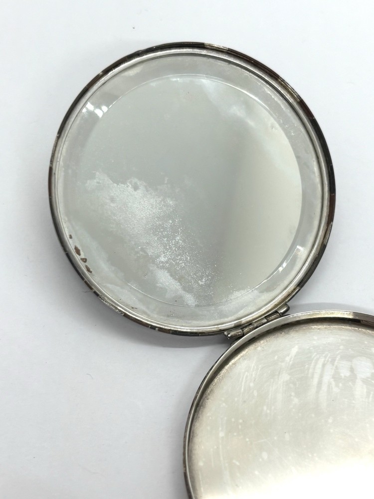 Vintage 950 grade Solid Silver Niello Compact Mirror Case - geometric pattern