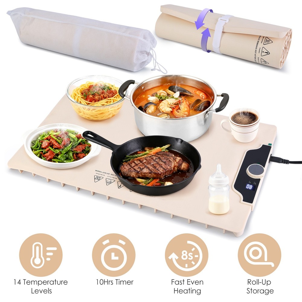 Electric Food Warming Tray Adjustable Temperature Timer Heating Rollable Mat