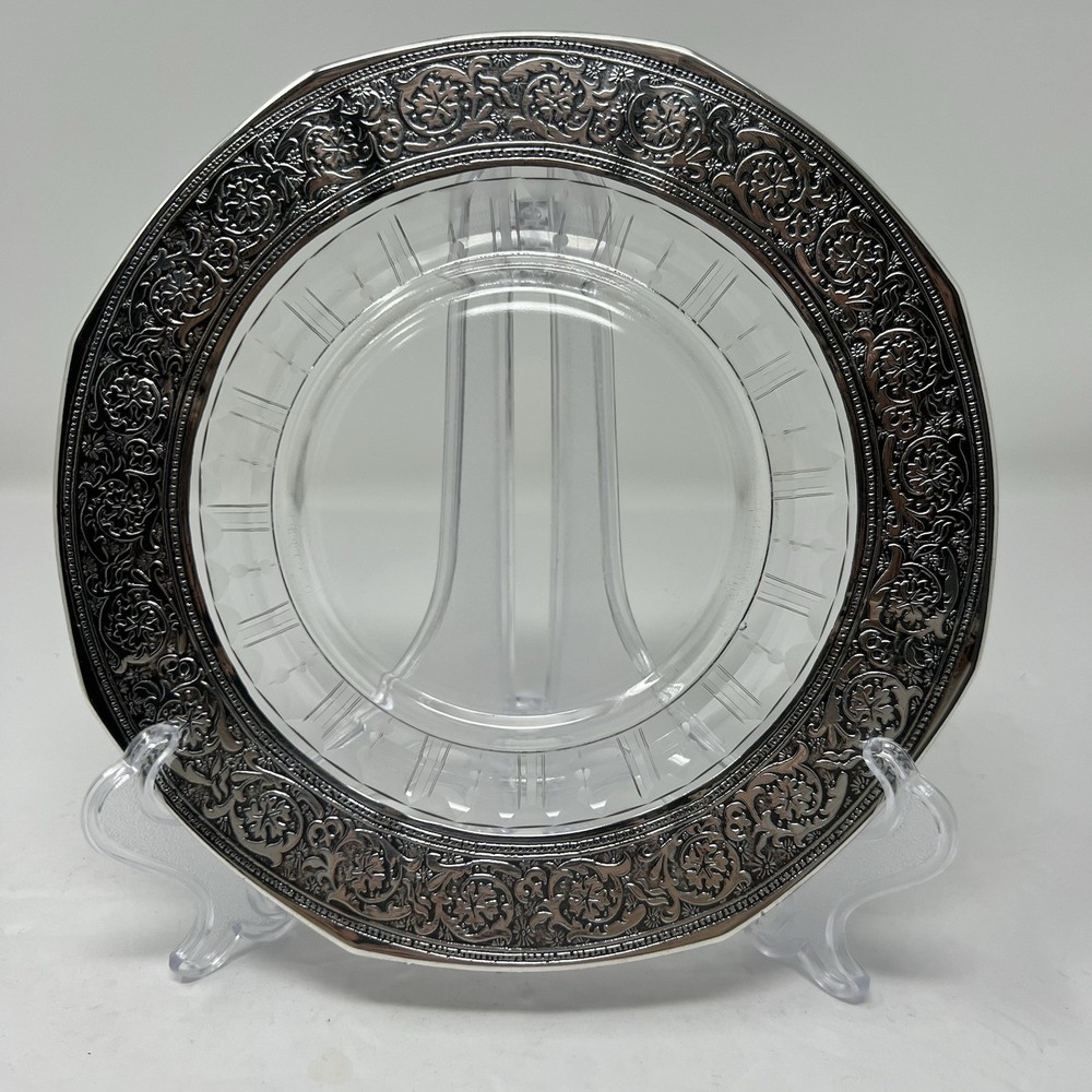 Vintage Silver Plated Rim 7.5" Etched Glass Plate - For Candle, Ashtray, Display