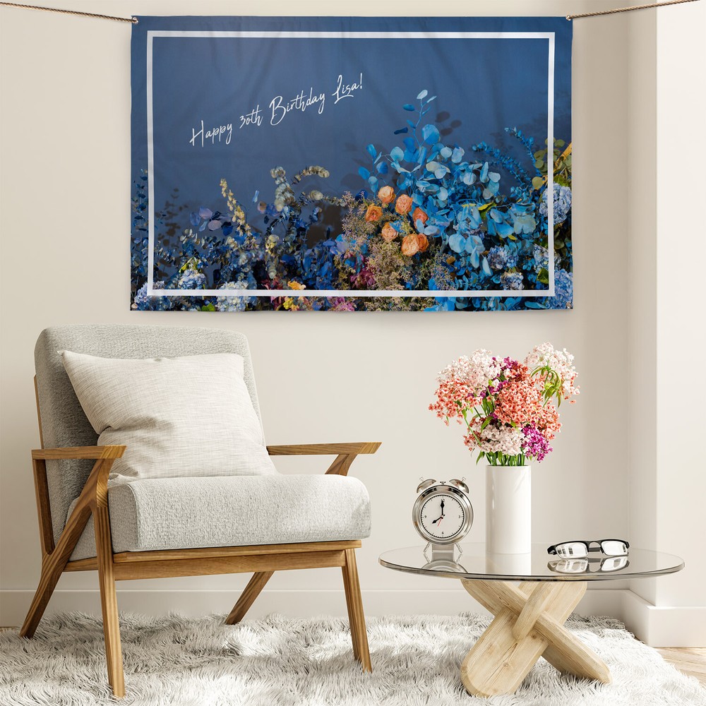 Custom Text Banner | Celebration Banner | Large Backdrop | Blue Flowers