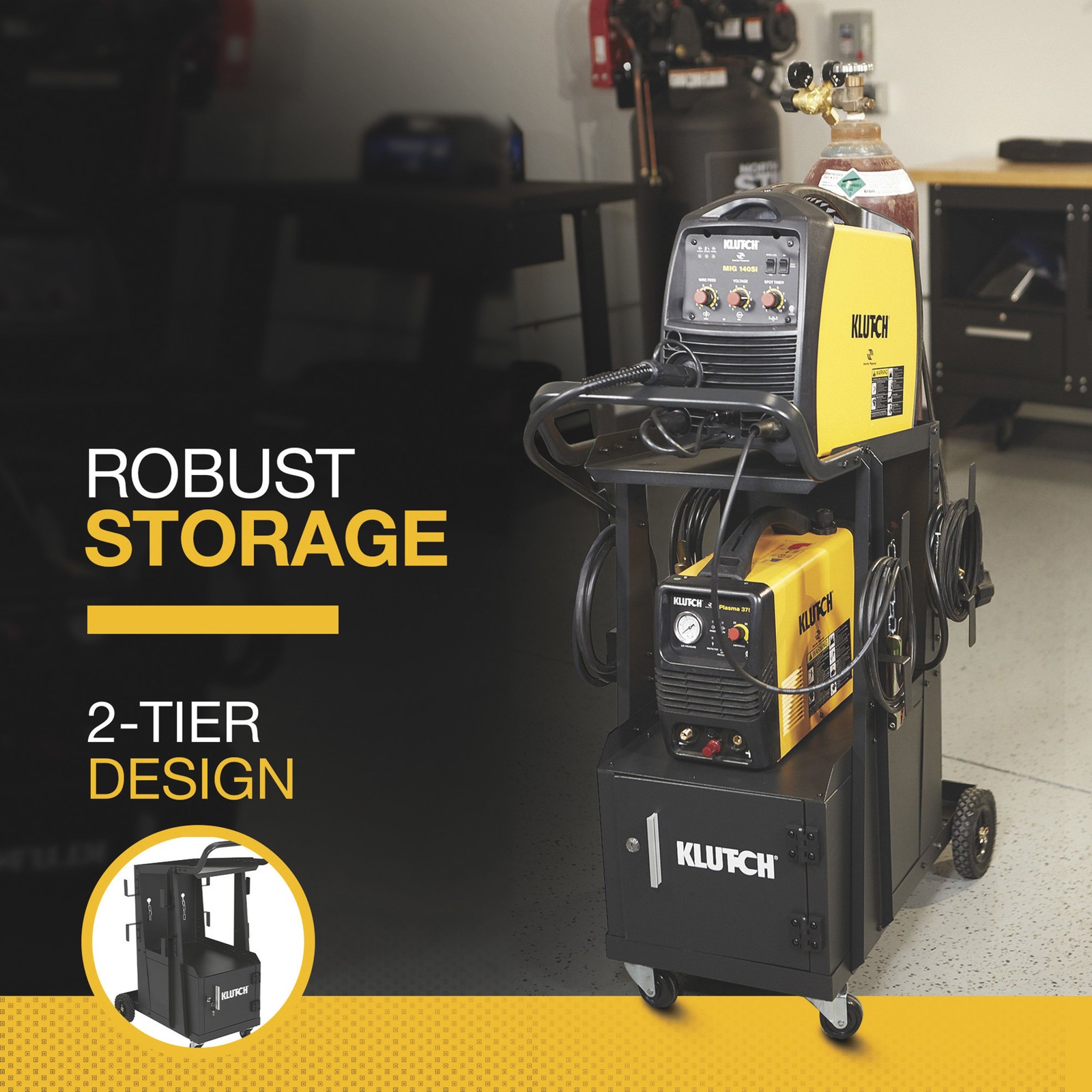 Klutch 2-Tier Welding Cart with Locking Cabinet, 31-1/2in.L x 16-1/8in.W x