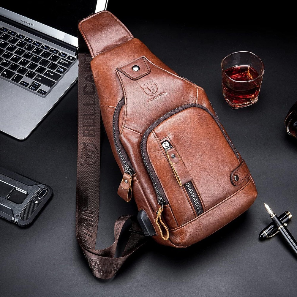 Genuine Leather Sling Bag for Men #1-brown