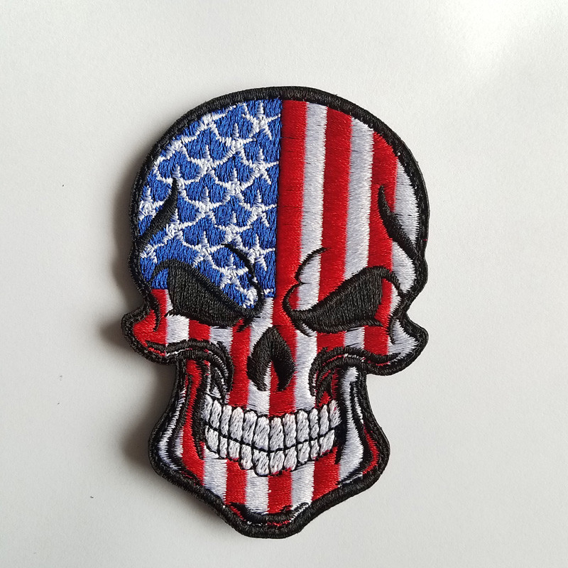 3PCS US SKULL FLAG USA AMERICAN FLAG HOOK LOOP PATCH EMBROIDERED FULLCOLOR DARK