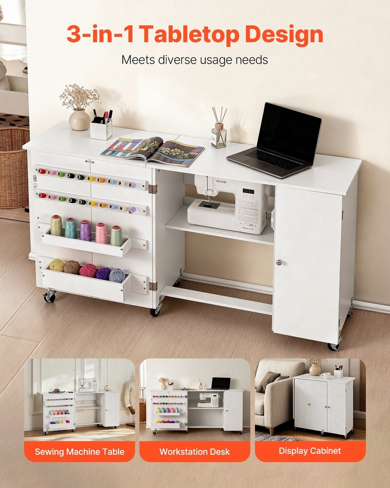 HOT/ Folding Sewing Table,Multipurpose Sewing Machine Table with Cabinet,Compac