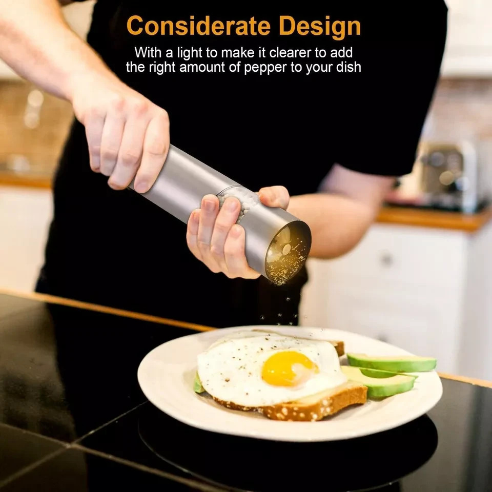 2pcs Electric Salt Pepper Grinder Mill Shakers Set Adjustable Stainless Steel