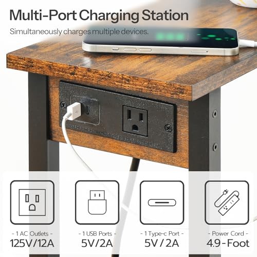 Narrow Side Table, 2-Tier Slim End Table with Charging 1 Rustic Brown + Black