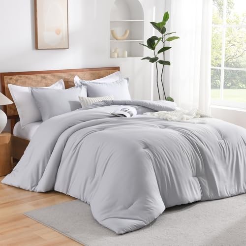 Queen Comforter Set, Boho Solid Reversible Bedding Queen (90"x90") Silver Grey