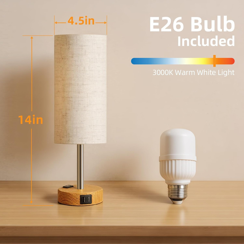 Table Lamp for Nightstand, High-Sensitivity Touch, 3-Level Dimmable Bedside Lamp