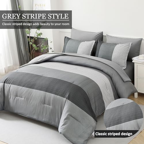 Comforter Set Reversible Striped Down Alternative Comforter for King Grey