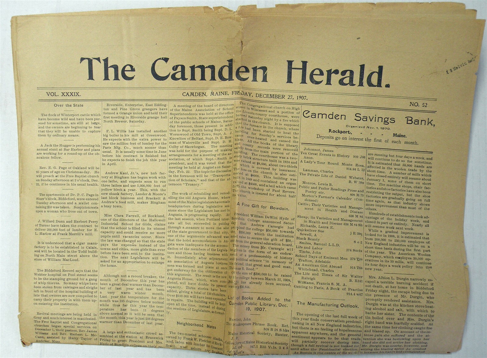 Camden Maine The Camden Herald Newspaper Friday, December 27, 1907 Free Ship