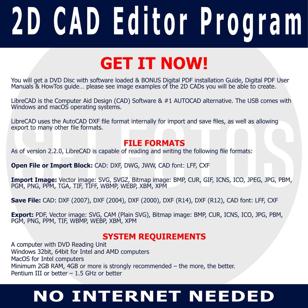 2024 Libre CAD 2D Design Software CD for Windows & Mac + PDFs Install, Manual